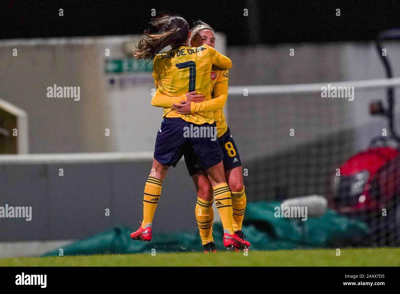 CHESTER. ENGLAND. FEB 13th: Jordan Nobbs of Arsenal celebrates her goal with Danielle Van De during the Women’s Super League game between Liverpool Women and Arsenal Women at The Deva Stadium in Chester, England. (Photo by Daniela Porcelli/SPP) Stock Photo