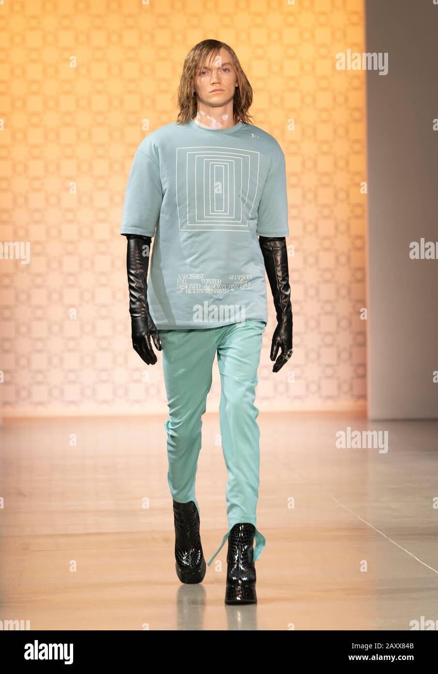 New York, NY - February 12, 2020: Model walks runway for Dirty Pineapple by Elsa Zai and Nellie Wang collection during Fashion Week at Spring Studios Stock Photo