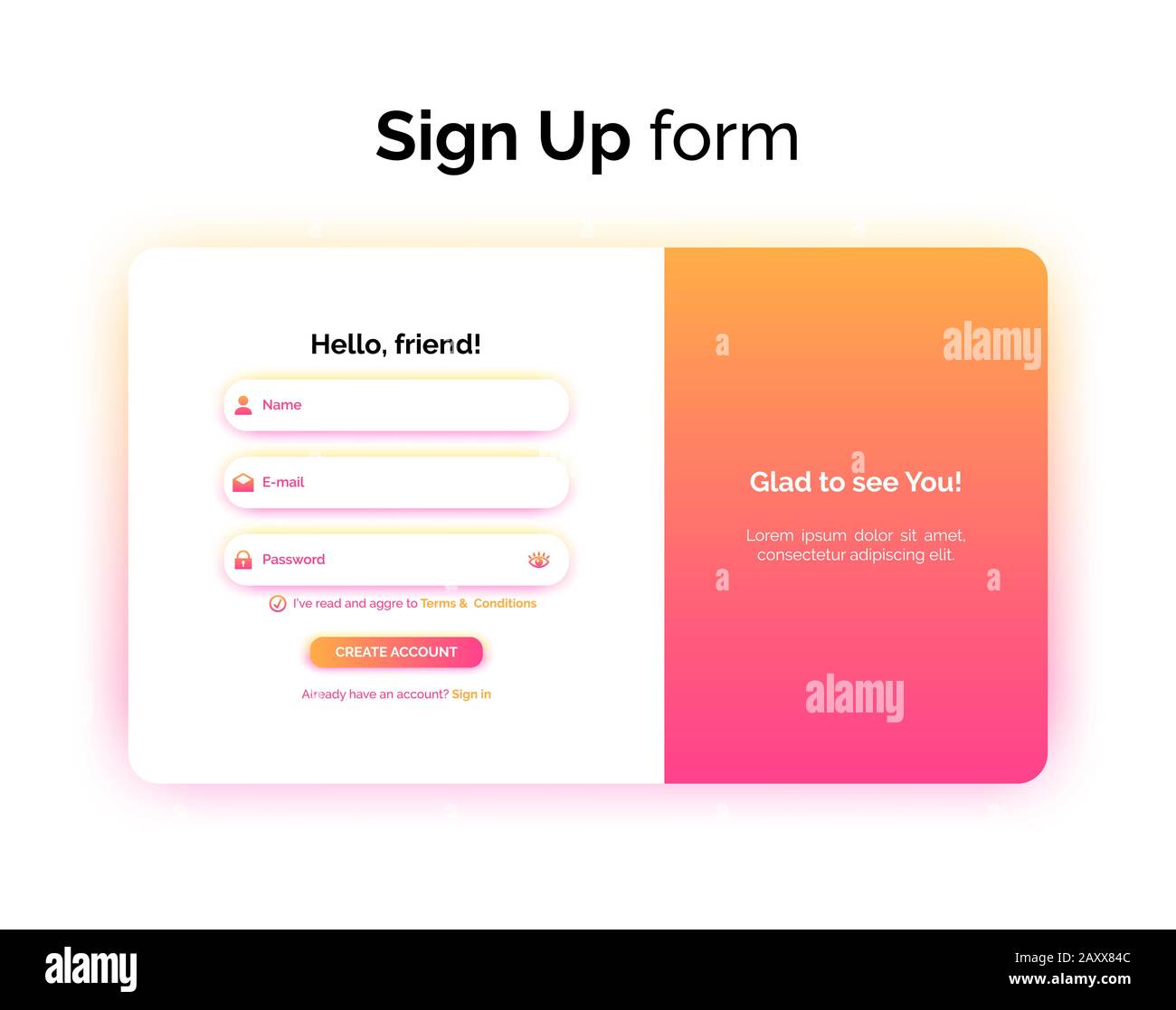Sign up form, web design, UI UX registration interface with gradient