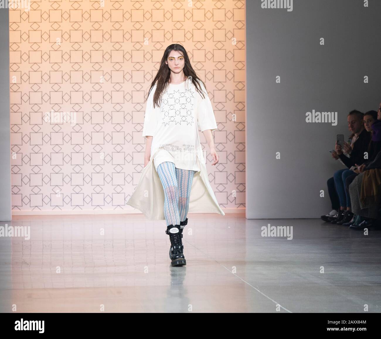 New York, NY - February 12, 2020: Model walks runway for Dirty Pineapple by Elsa Zai and Nellie Wang collection during Fashion Week at Spring Studios Stock Photo