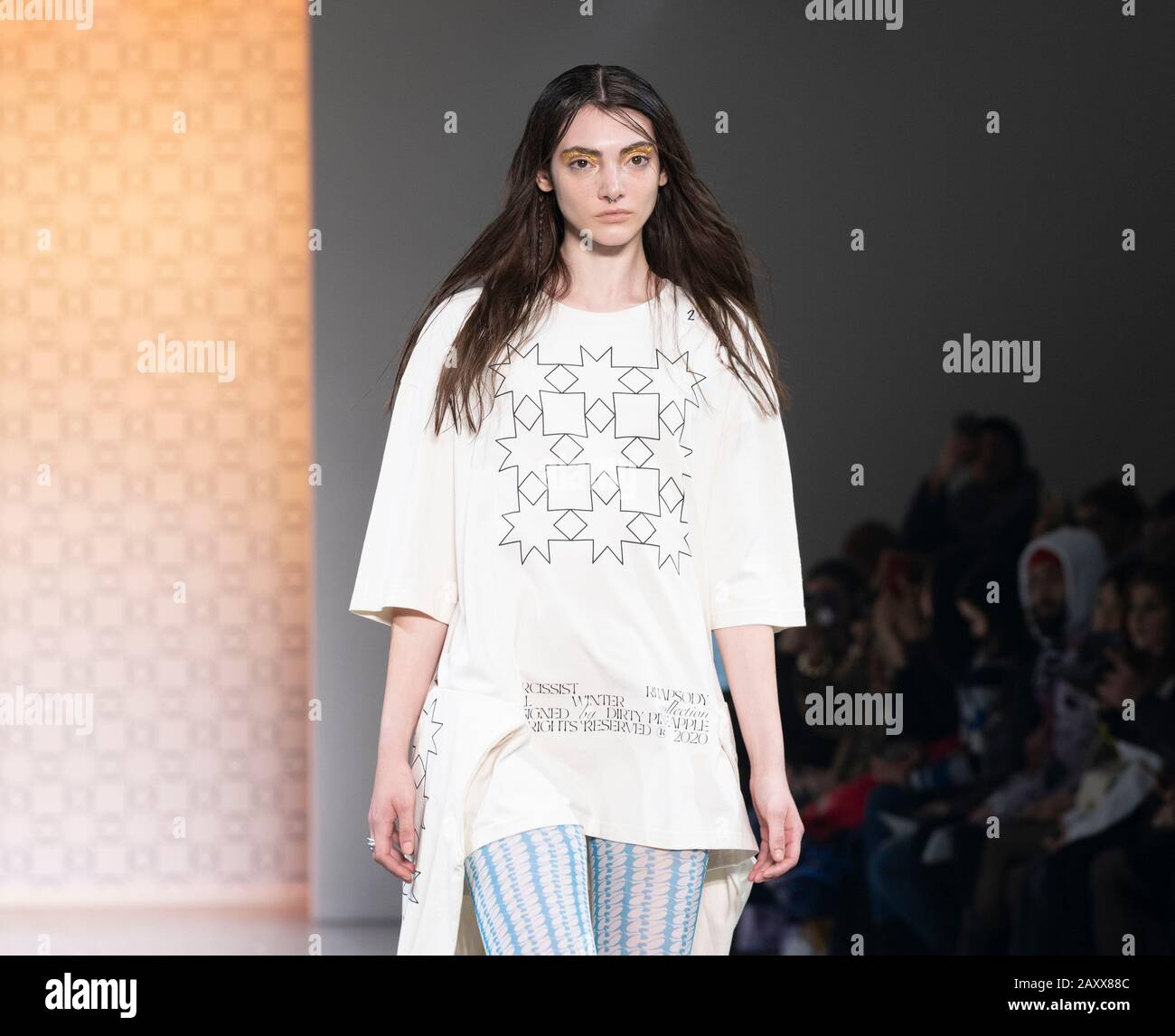 New York, NY - February 12, 2020: Model walks runway for Dirty Pineapple by Elsa Zai and Nellie Wang collection during Fashion Week at Spring Studios Stock Photo