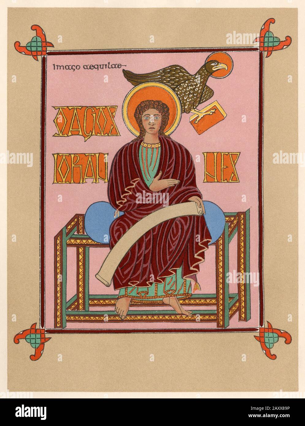St John the Evangelist, illumination from the Lindisfarne Gospels, 720 AD. Color lithograph reproduction Stock Photo