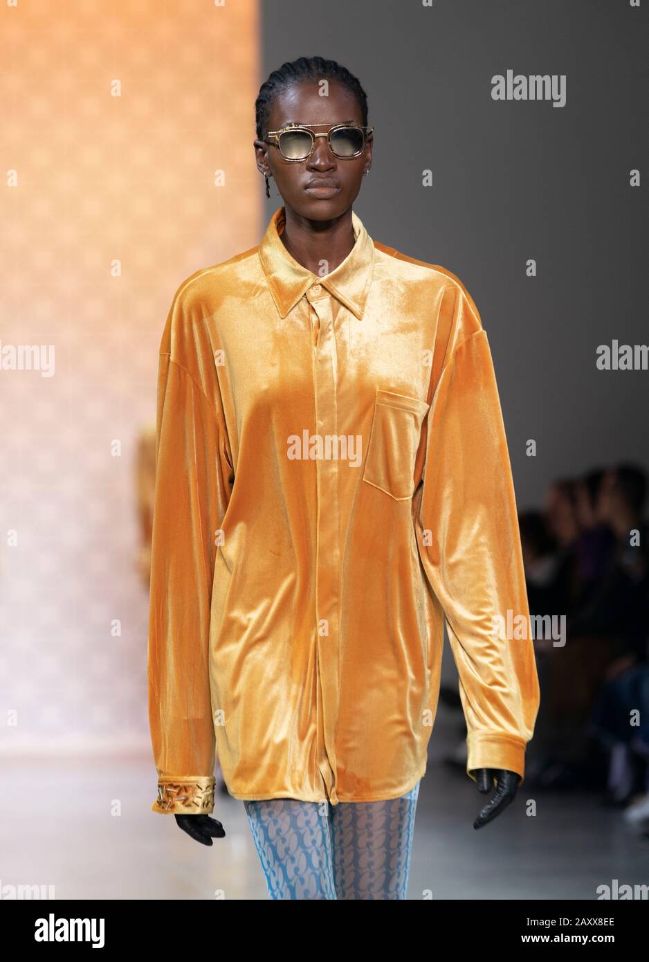 New York, NY - February 12, 2020: Model walks runway for Dirty Pineapple by Elsa Zai and Nellie Wang collection during Fashion Week at Spring Studios Stock Photo