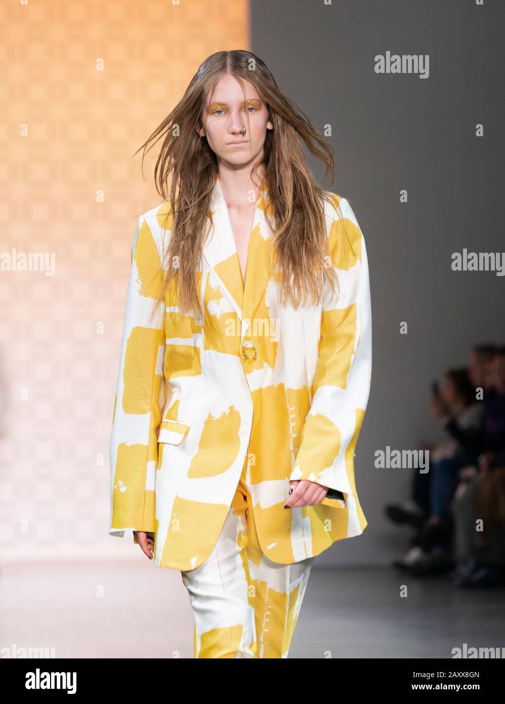 New York, NY - February 12, 2020: Model walks runway for Dirty Pineapple by Elsa Zai and Nellie Wang collection during Fashion Week at Spring Studios Stock Photo