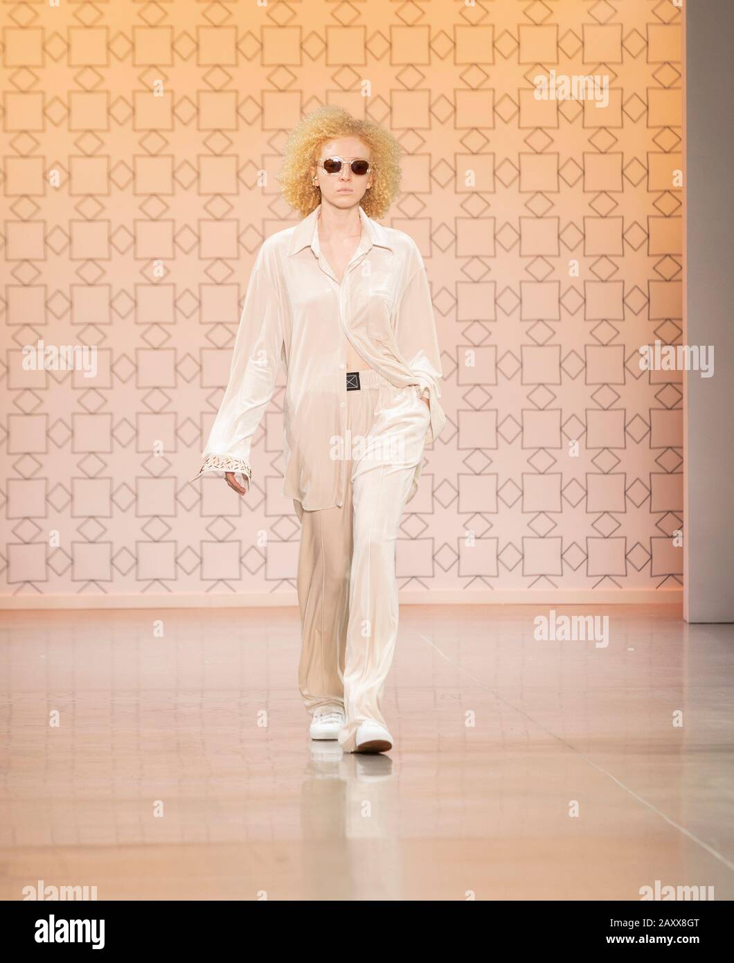 New York, NY - February 12, 2020: Model walks runway for Dirty Pineapple by Elsa Zai and Nellie Wang collection during Fashion Week at Spring Studios Stock Photo