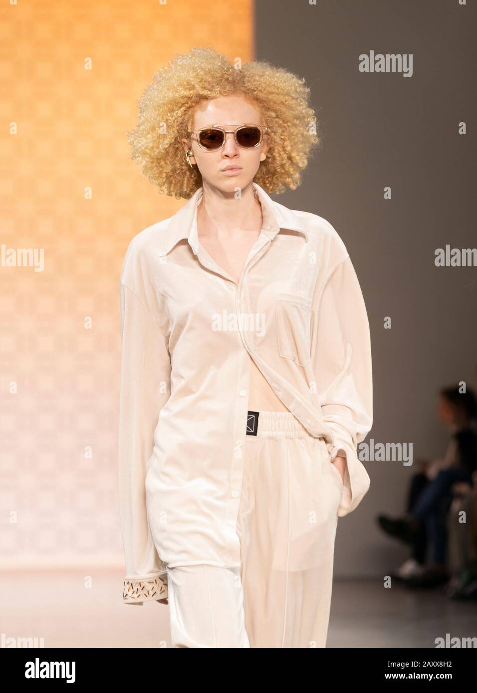 New York, NY - February 12, 2020: Model walks runway for Dirty Pineapple by Elsa Zai and Nellie Wang collection during Fashion Week at Spring Studios Stock Photo