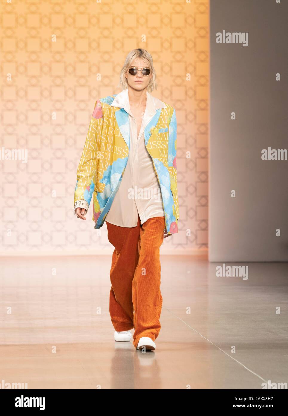 New York, NY - February 12, 2020: Model walks runway for Dirty Pineapple by Elsa Zai and Nellie Wang collection during Fashion Week at Spring Studios Stock Photo
