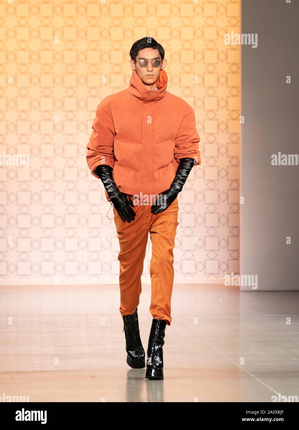 New York, NY - February 12, 2020: Model walks runway for Dirty Pineapple by Elsa Zai and Nellie Wang collection during Fashion Week at Spring Studios Stock Photo