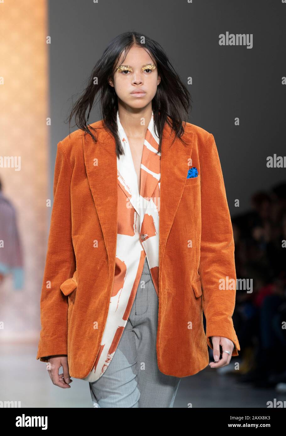 New York, NY - February 12, 2020: Model walks runway for Dirty Pineapple by Elsa Zai and Nellie Wang collection during Fashion Week at Spring Studios Stock Photo