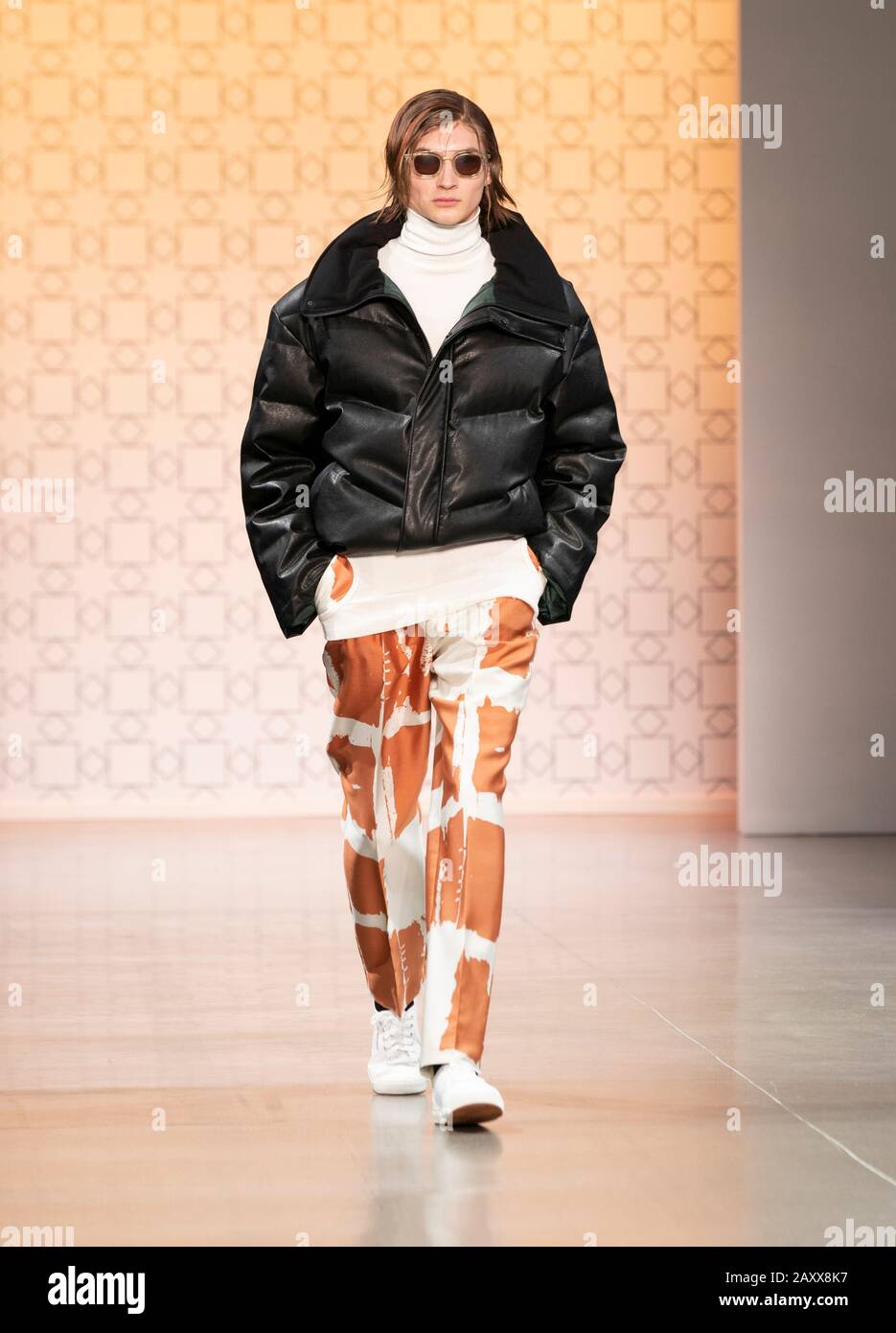 New York, NY - February 12, 2020: Model walks runway for Dirty Pineapple by Elsa Zai and Nellie Wang collection during Fashion Week at Spring Studios Stock Photo