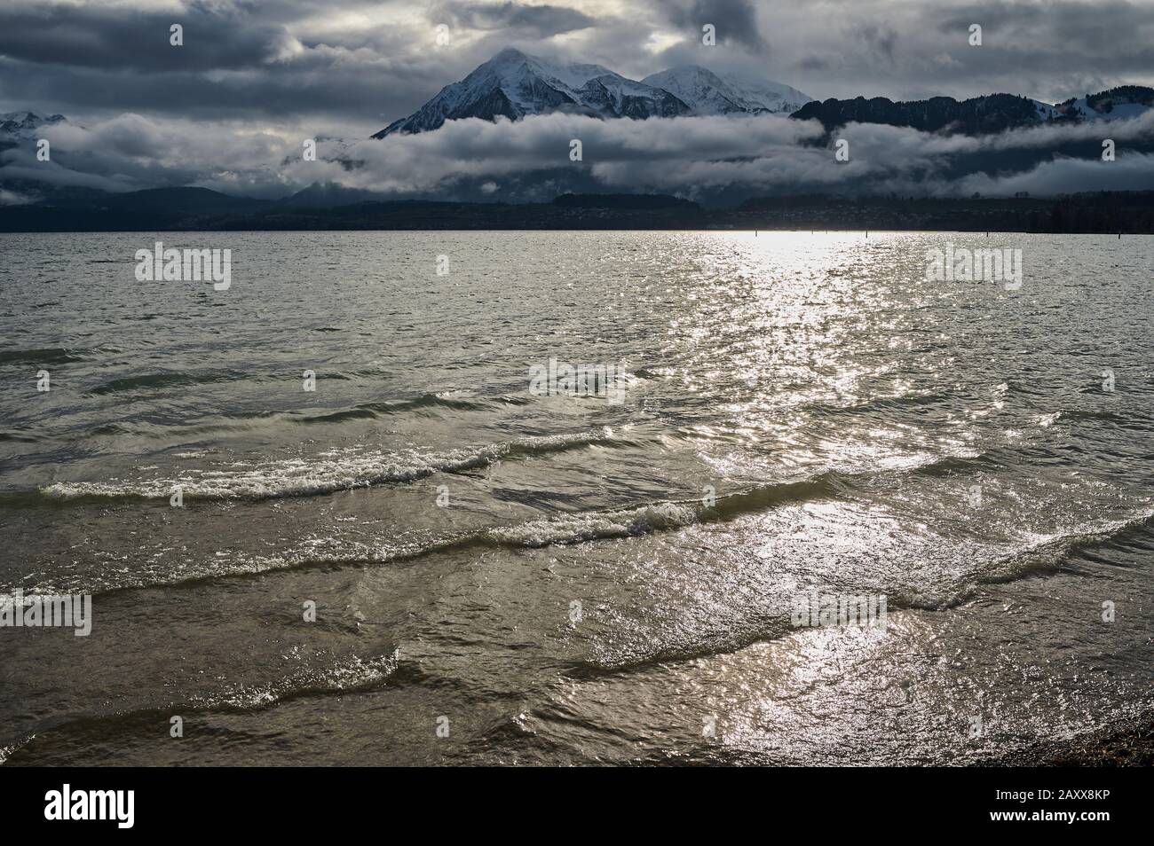 View over Lake Thun in Switzerland Stock Photo