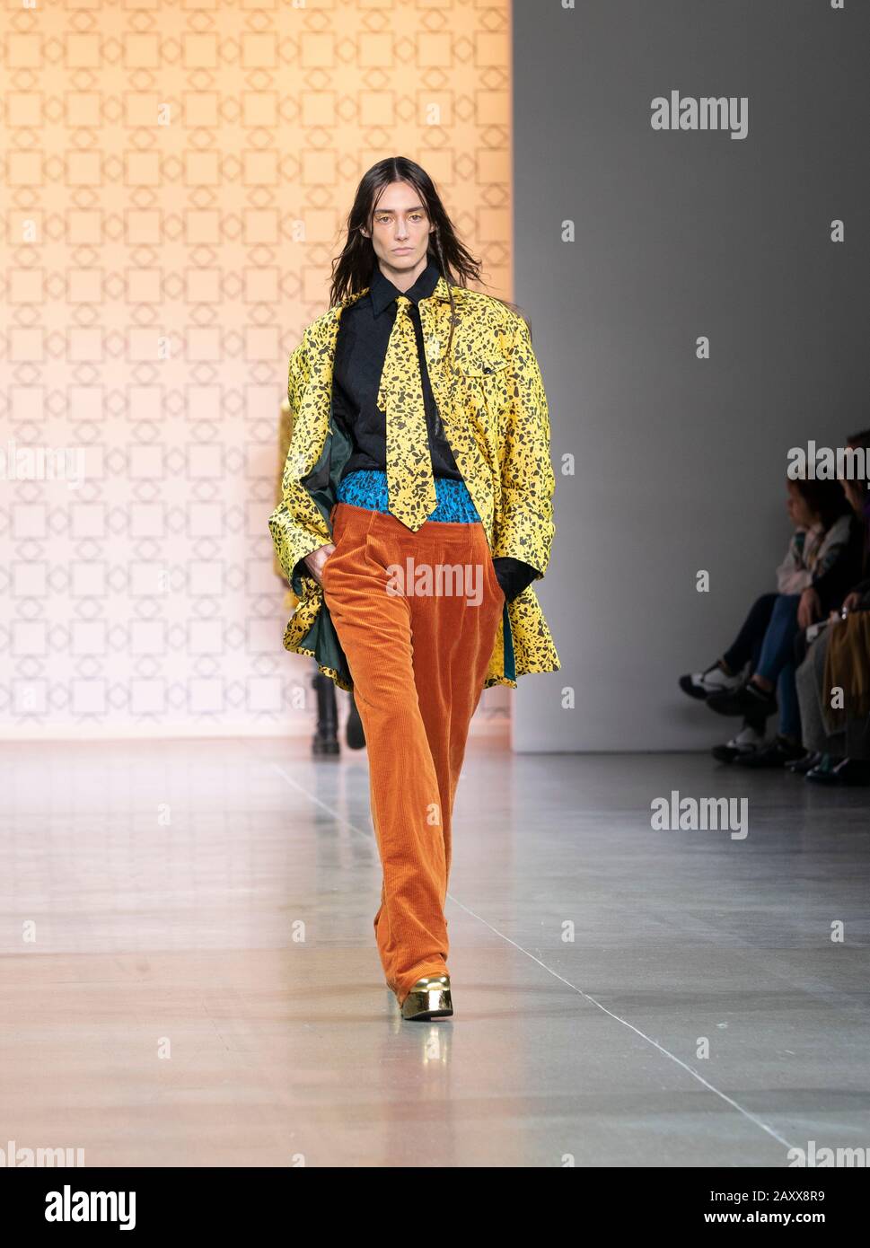 New York, NY - February 12, 2020: Model walks runway for Dirty Pineapple by Elsa Zai and Nellie Wang collection during Fashion Week at Spring Studios Stock Photo