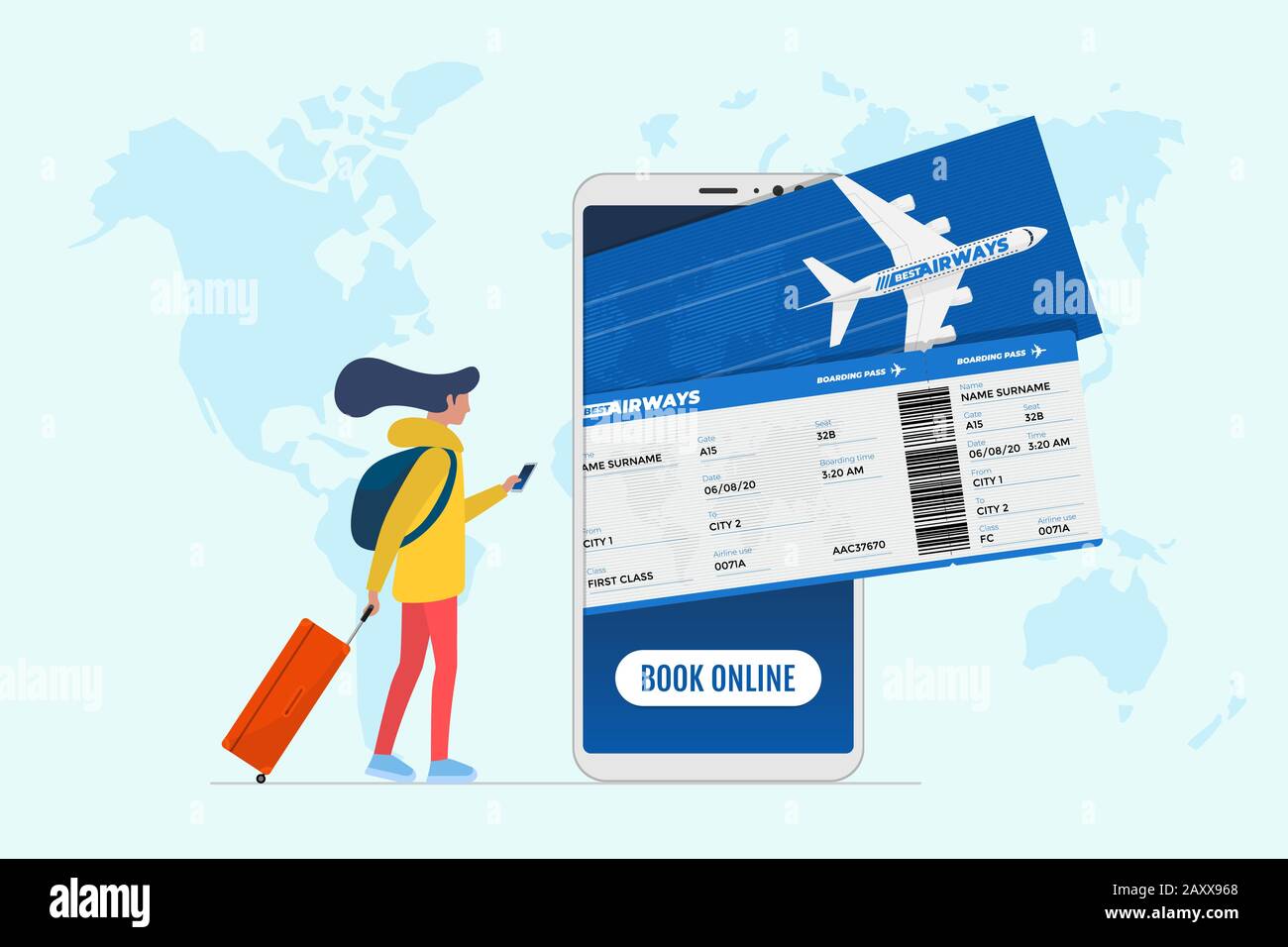 Online flight booking service concept. Young female tourist with suitcase luggage book airplane travel on smartphone. Plane ticket reservation and pay mobile app on world map vector illustration Stock Vector