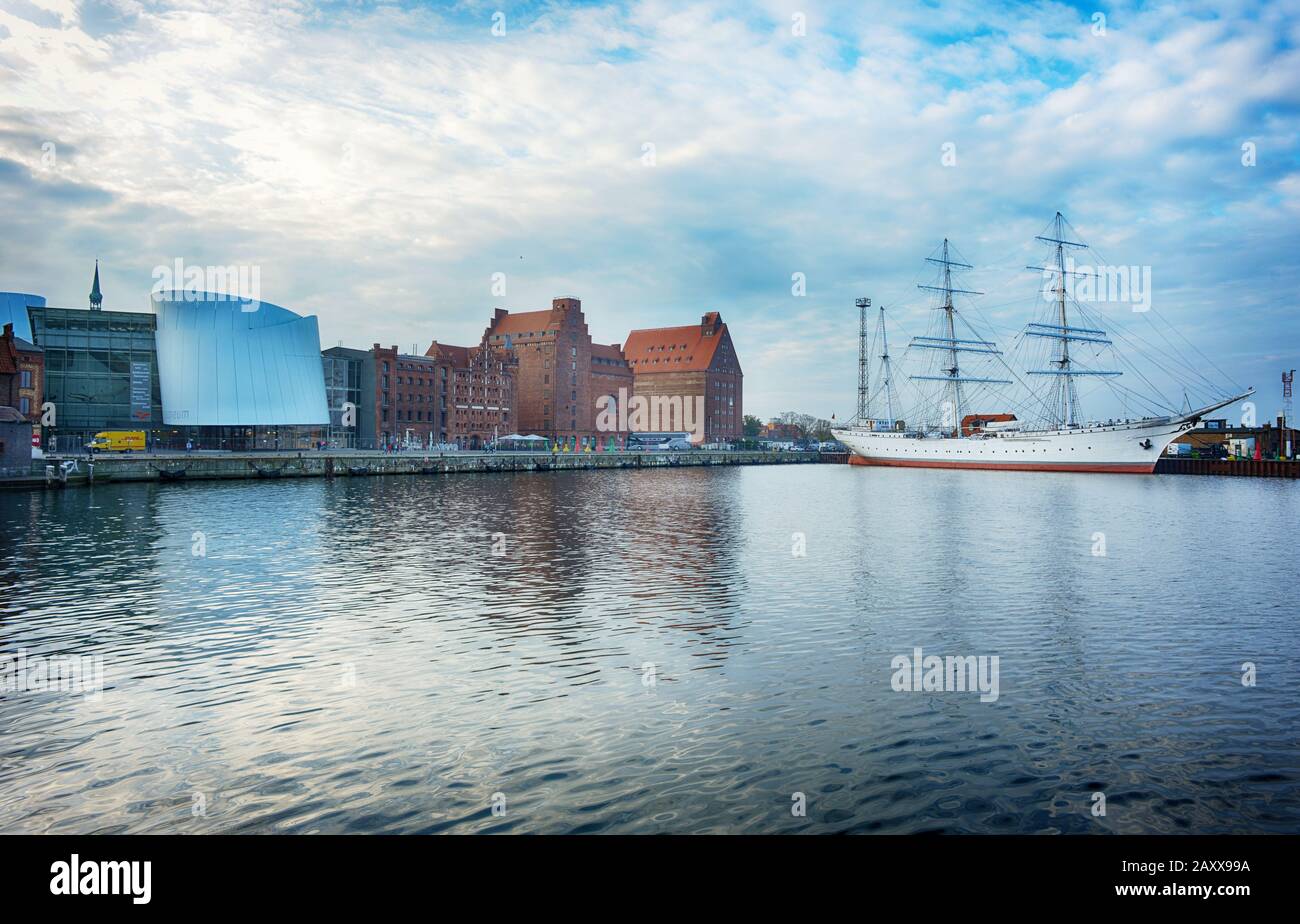 Stralsund, Germany 10-23-2019 view to the Harbour with the Oceaneum and the sailing ship Gorch Fock Stock Photo