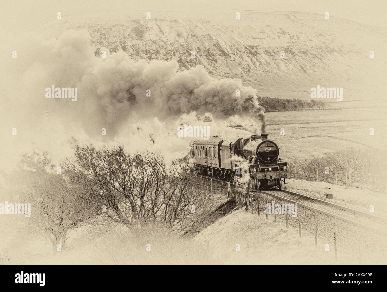 The LMS Jubilee Class 6P, 4-6-0, 45562 Alberta at Ribblehead approaching Blea Moor on the Settle to Carlisle line in the North Yorkshire Dales Stock Photo