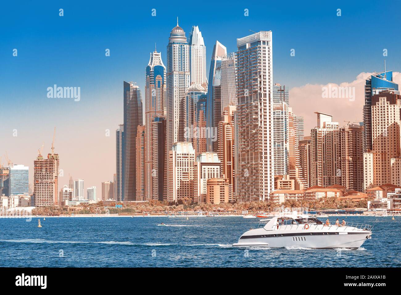 Cityscape view of Dubai skyscrapers hotels and apartment buildings