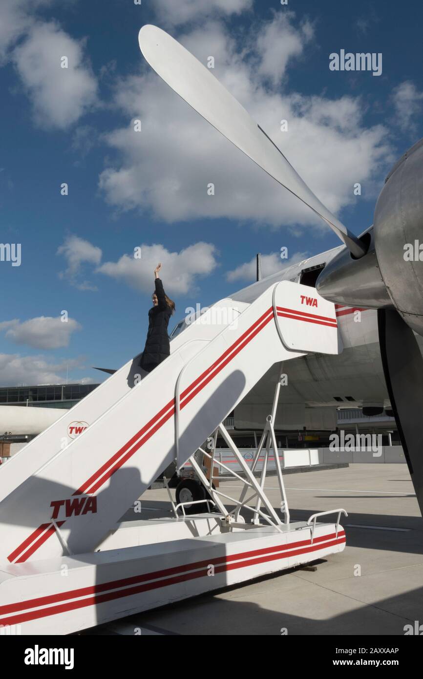 The Connie Cocktail Lounge inside a real airplane, TWA Hotel at John F. Kennedy Airport in New York City, USA Stock Photo