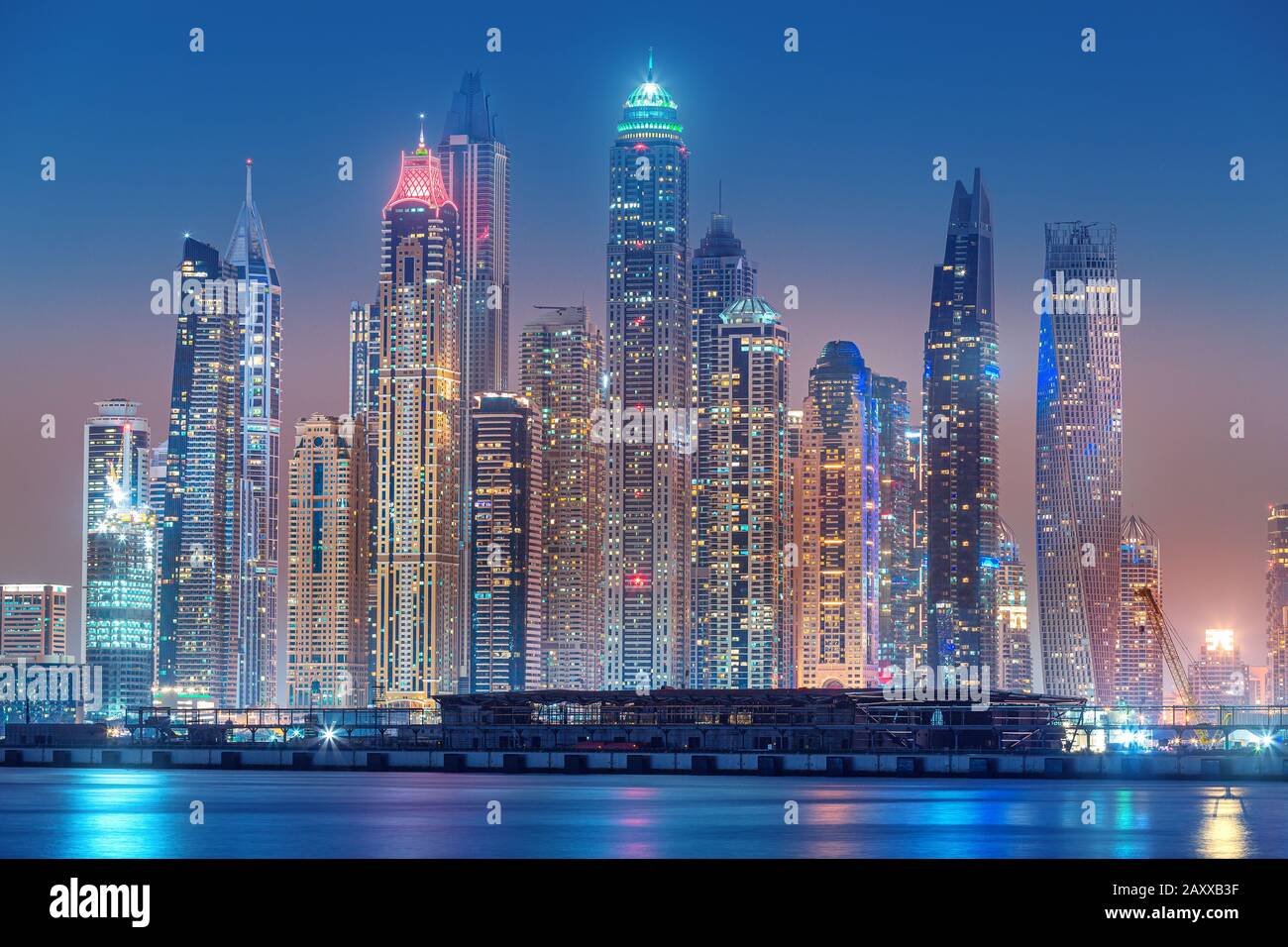 Majestic city view of skyscrapers and hotel buildings in the Dubai Marina area from the palm Jumeirah island in Dubai. Real estate and tourist attract Stock Photo
