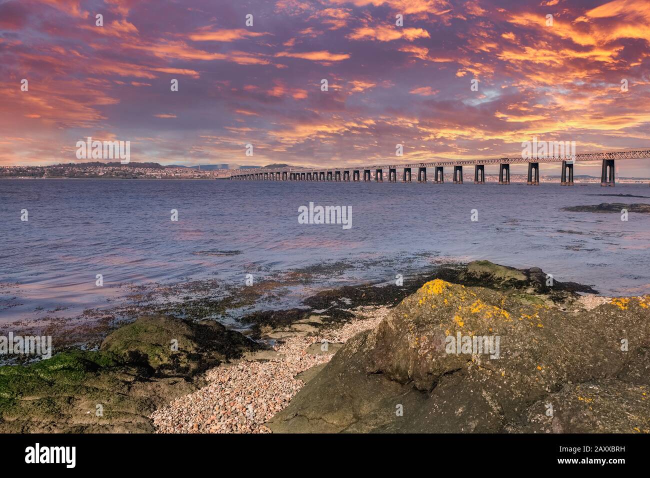 Tay Railway Bridge Dundee on a sunset evening as the sun was going down over the Tay with