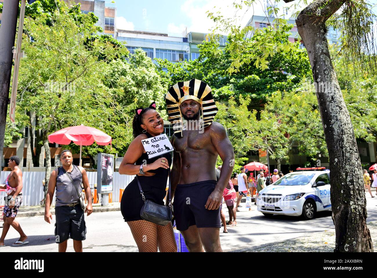 Brazil – February 8, 2020: Costumed revelers enjoy the street festivities of Carnival in Rio de Janeiro, an event with international tourist interest Stock Photo