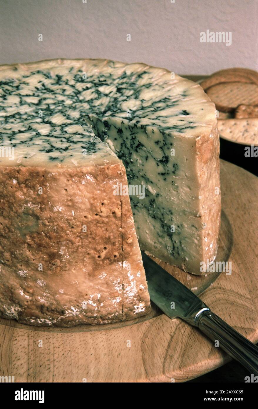 Stilton cheese, an English blue veined cheese made with added cream
