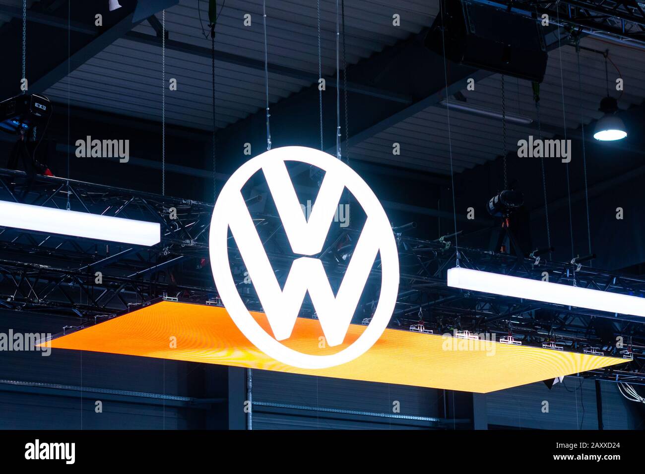 VW volkswagen logo on the car show, Prague, Czechia, February 2020 Stock Photo