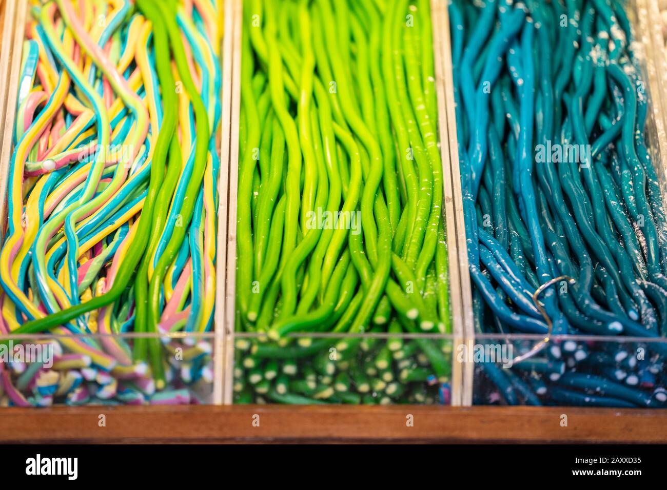 Colourful sweets in long lengths.Foot long licorice of a varity of