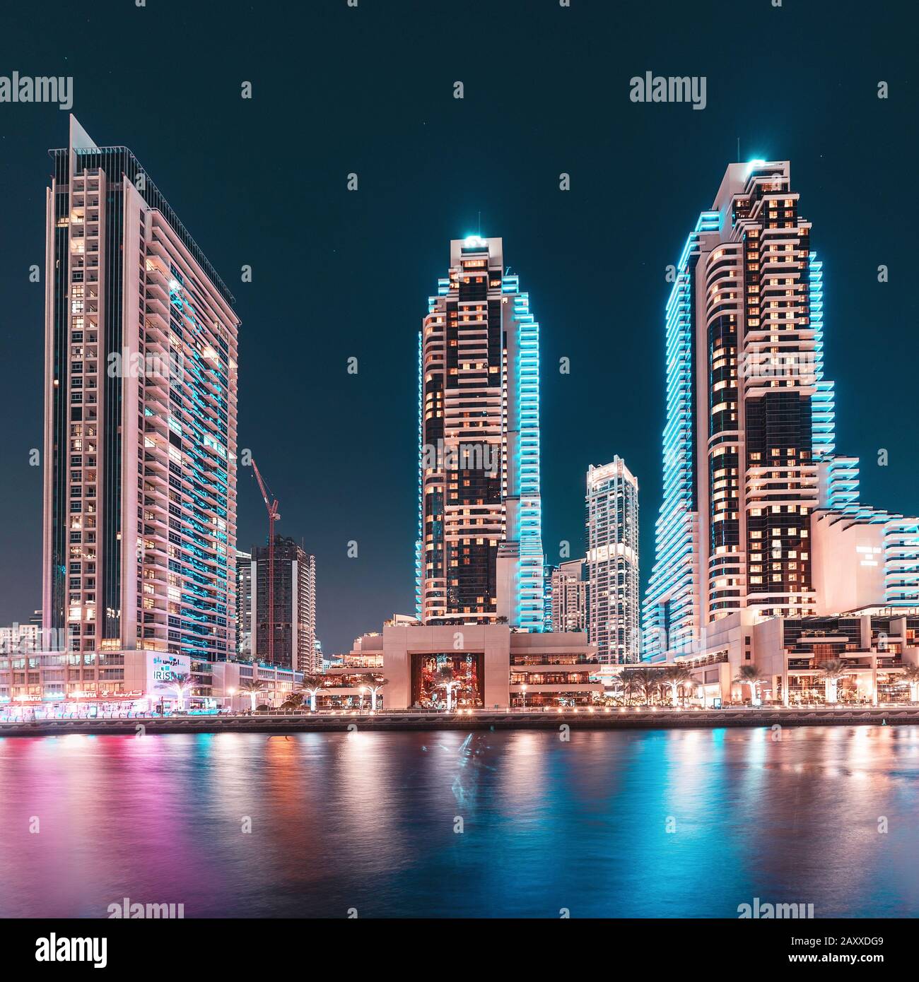 27 November 2019, United Arab Emirates, Dubai: Night view of illuminated skyscrapers and tower buildings of Grosvenor House Hotel in Dubai Marina Dist Stock Photo