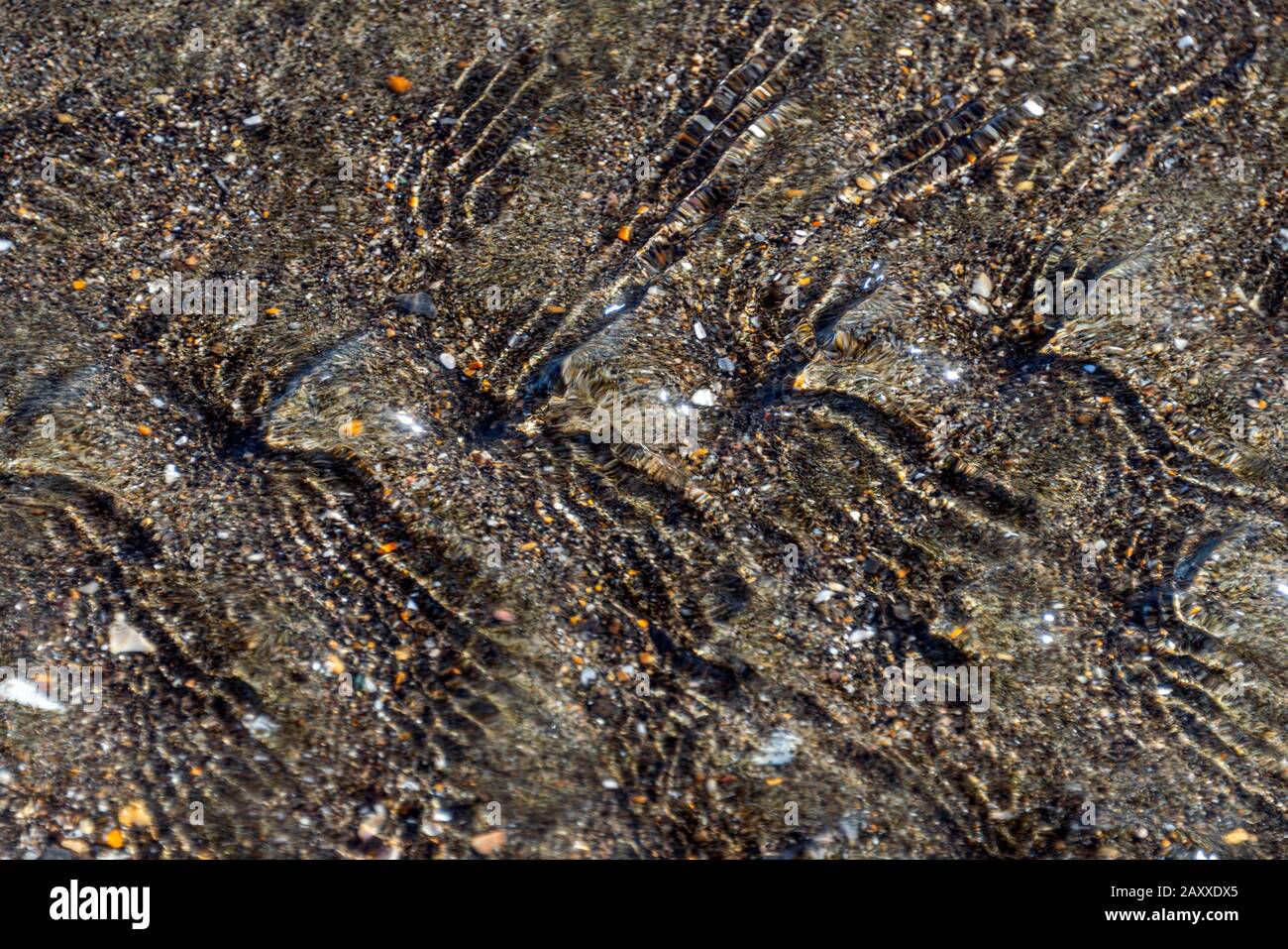 Close up of rippling water on a beach made of black volcanic sand, Stock Photo