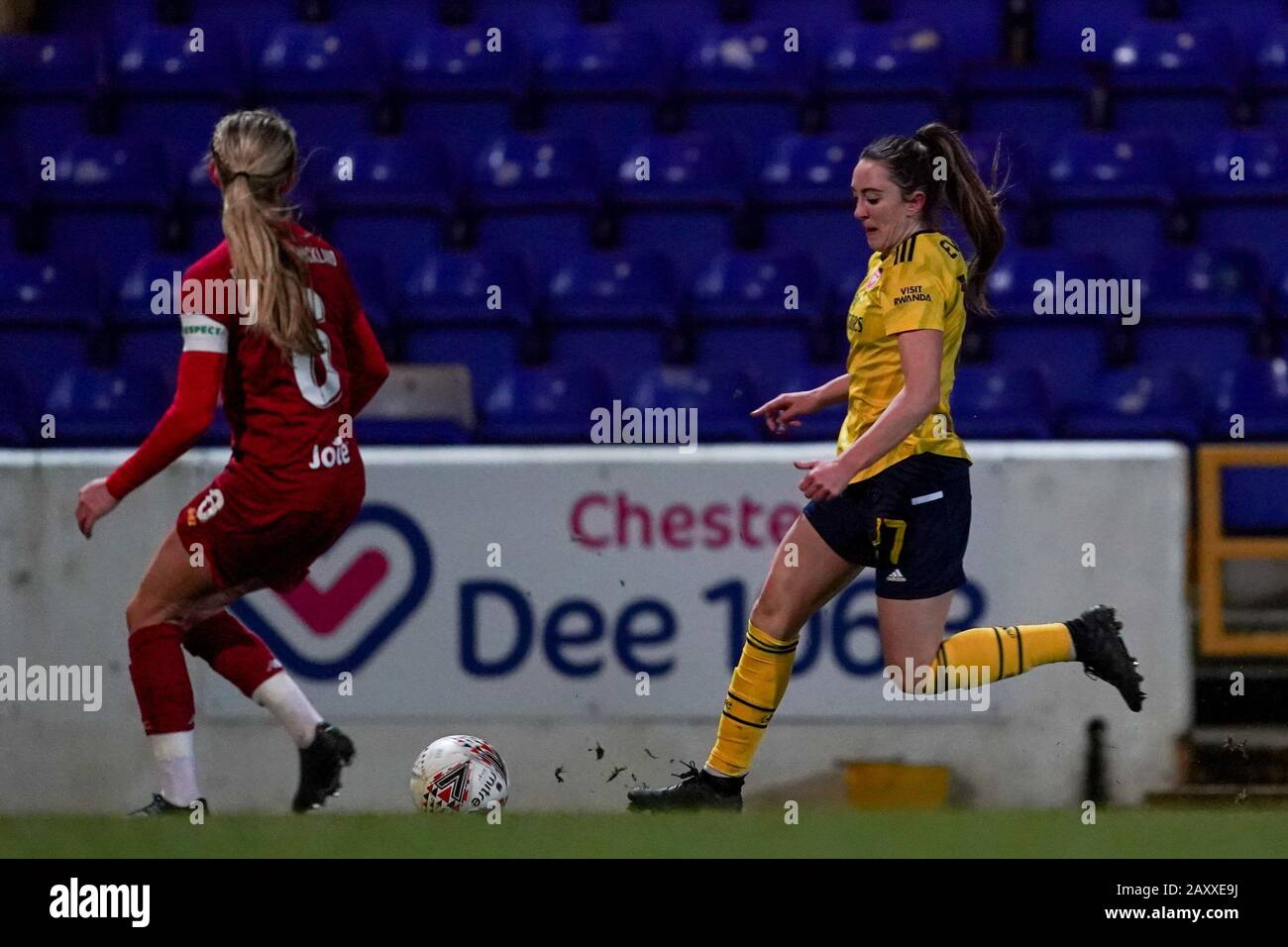 CHESTER. ENGLAND. FEB 13th: Lisa Evans of Arsenal against Sophie Bradley Auckland of Liverpo during the Women’s Super League game between Liverpool Women and Arsenal Women at The Deva Stadium in Chester, England. (Photo by Daniela Porcelli/SPP) Stock Photo