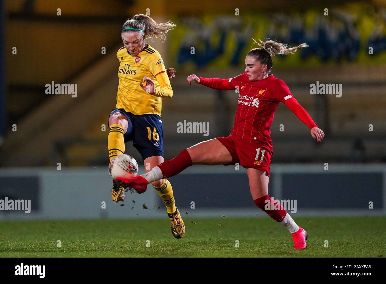 CHESTER. ENGLAND. FEB 13th: Louise Quinn of Arsenal against Melissa Lawley of Liverpool FC W during the Women’s Super League game between Liverpool Women and Arsenal Women at The Deva Stadium in Chester, England. (Photo by Daniela Porcelli/SPP) Stock Photo