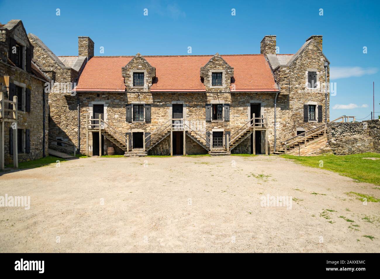 Fort Ticonderoga, fort headquarters, stone walls and cannons, New York