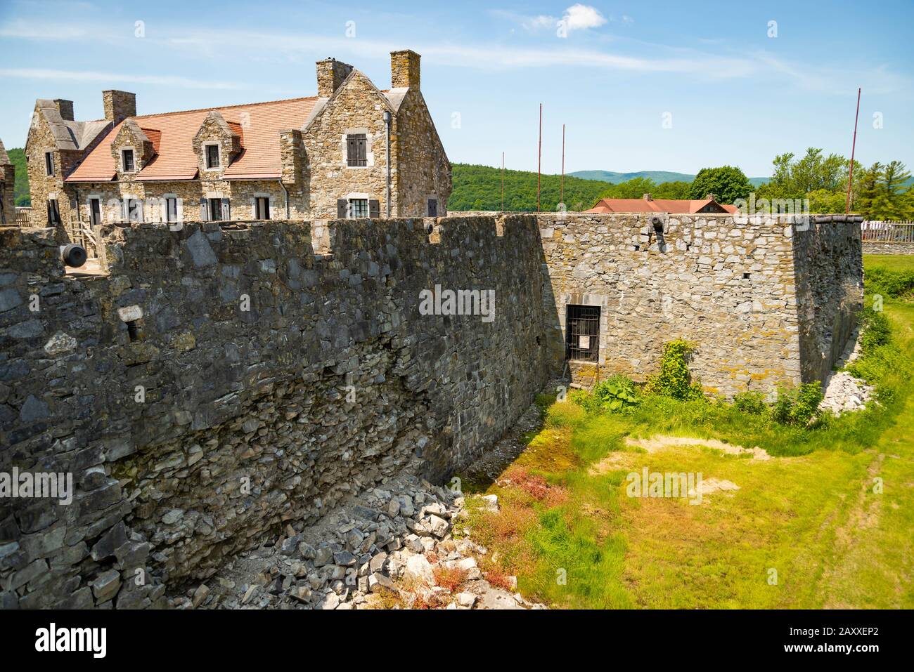 Fort Ticonderoga, fort headquarters, stone walls and cannons, New York