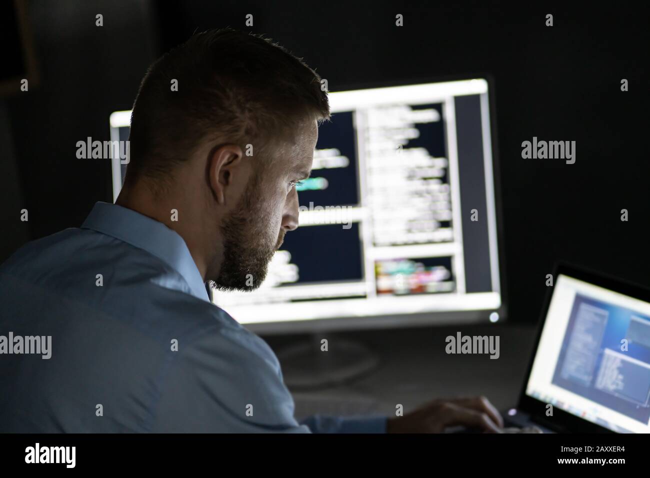 Programmer Working Late At Night On Multiple Computer Screens Stock ...