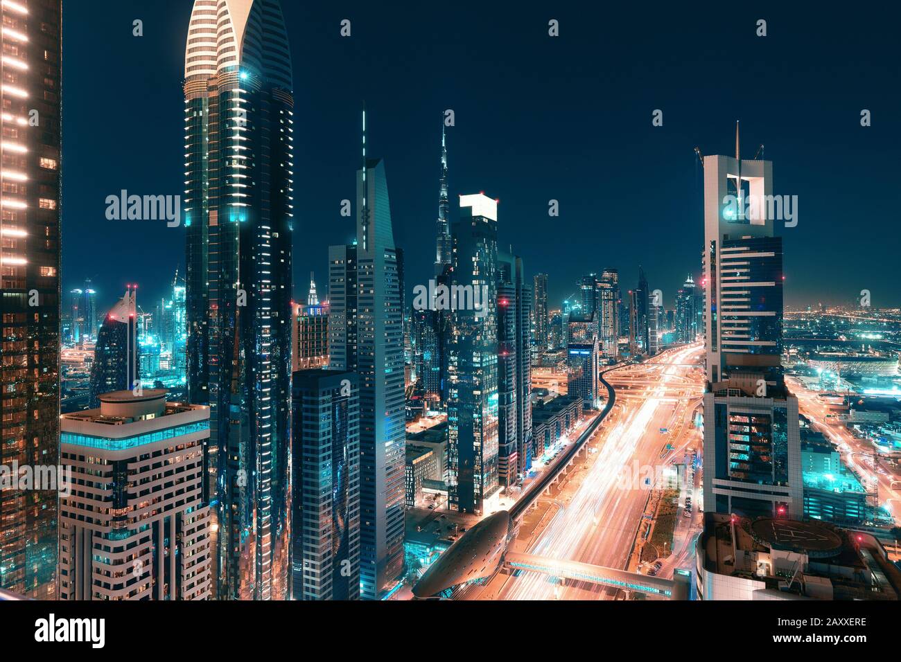 Night view of the spectacular landscape of Dubai with high-rises and 