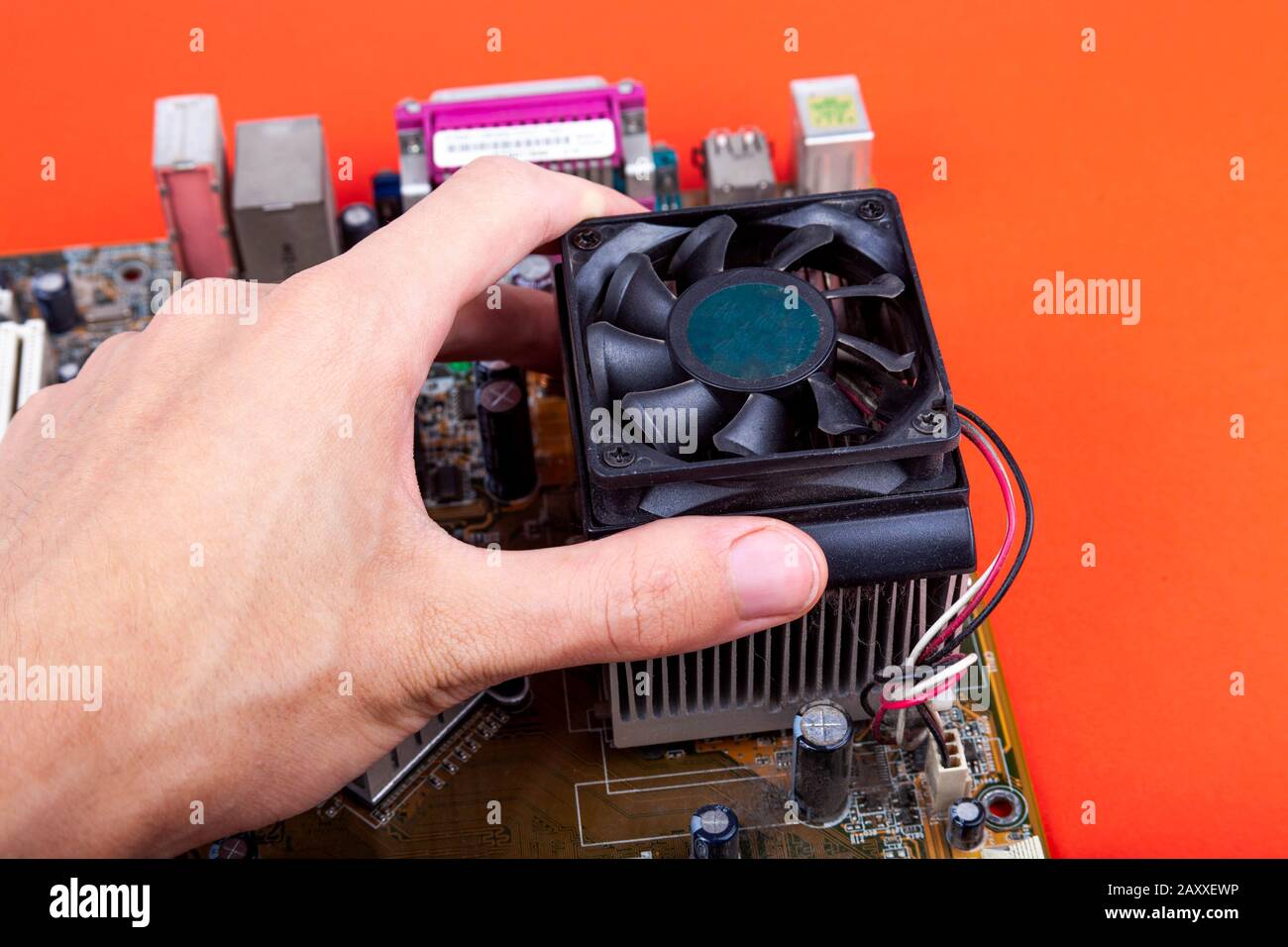 Removing an small old CPU cooler from the motherboard. Human hand  dismounting an outdated dusty fan, upgrading processor cooling. PC  overheating issue Stock Photo - Alamy