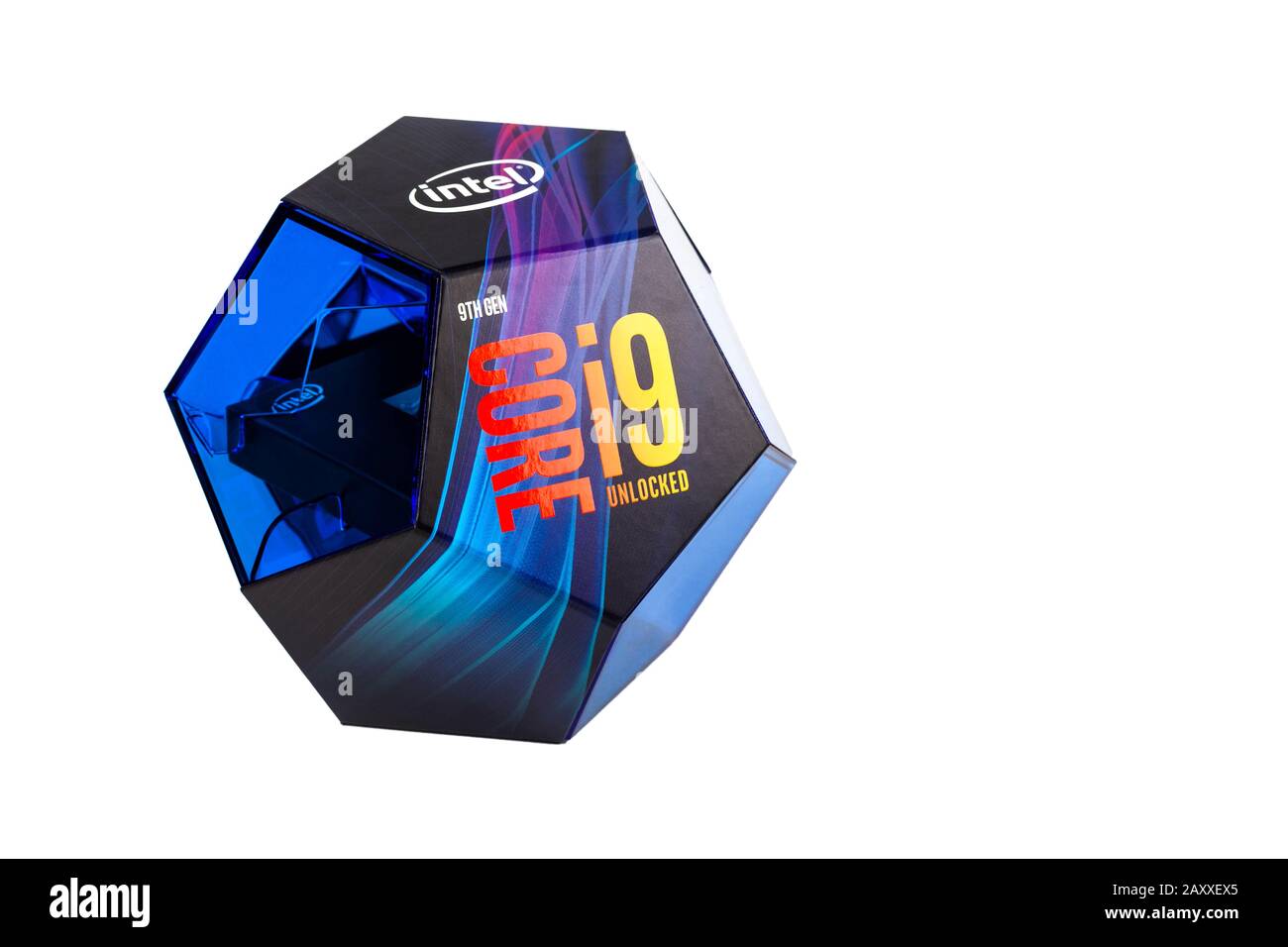 Intel Core i9 9900k CPU, modern 5ghz Coffee Lake processor in a original blue box product shot isolated on white Gaming productivity modern components Stock Photo