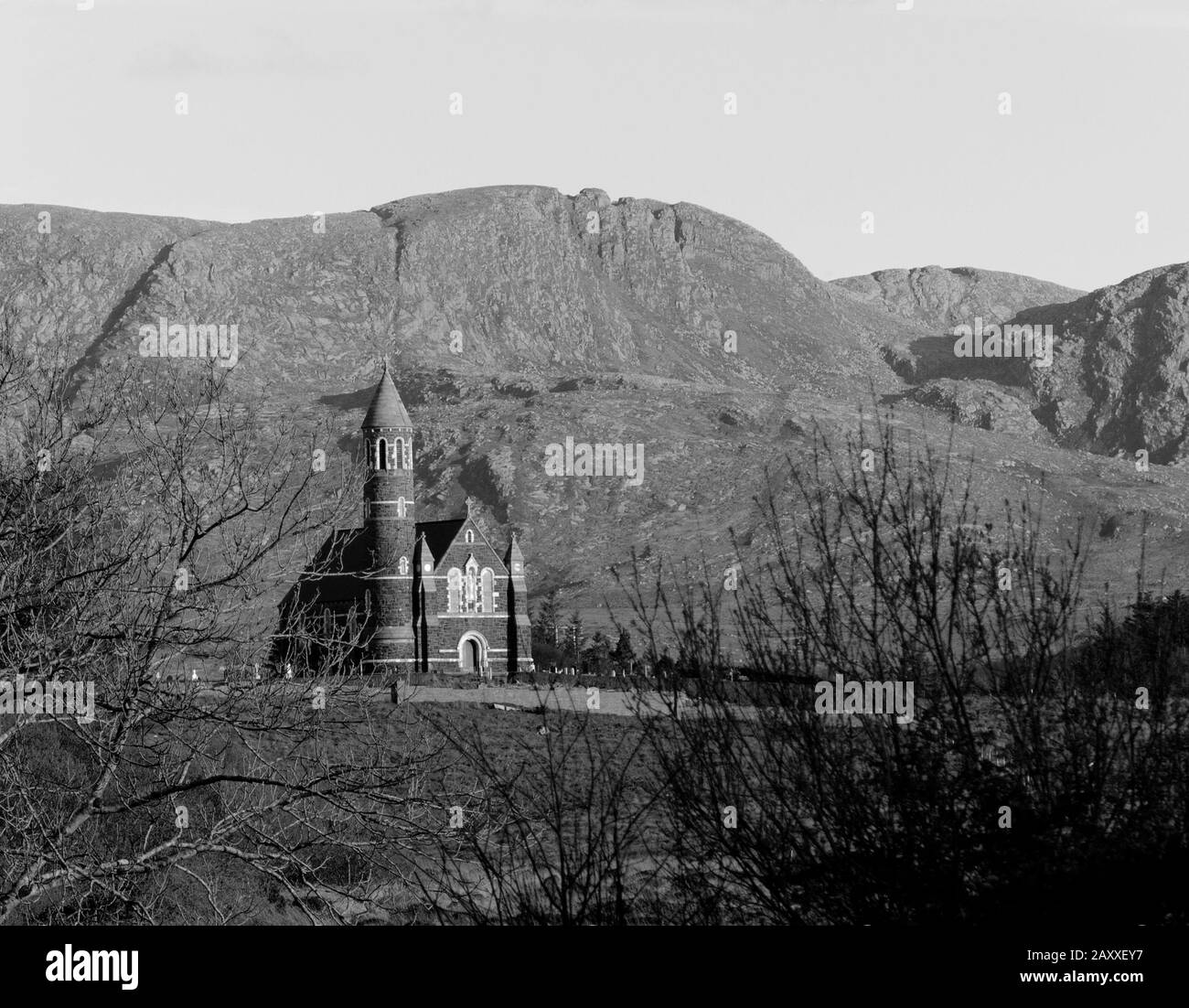 Black and white image of the Church of The Sacred Heart, Dunlewey, Co. Donegal, Ireland Stock Photo