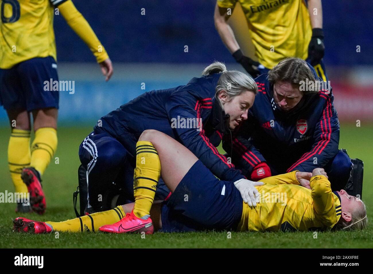 CHESTER. ENGLAND. FEB 13th: Beth Mead of Arsenal on the ground after a hard tackle  during the Women’s Super League game between Liverpool Women and Arsenal Women at The Deva Stadium in Chester, England. (Photo by Daniela Porcelli/SPP) Stock Photo