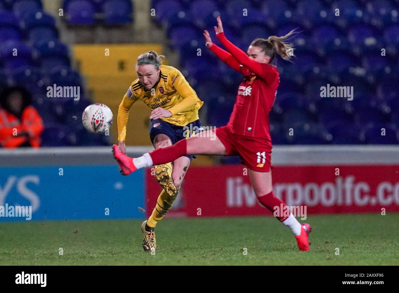 CHESTER. ENGLAND. FEB 13th: Louise Quinn of Arsenal shoots the ball  during the Women’s Super League game between Liverpool Women and Arsenal Women at The Deva Stadium in Chester, England. (Photo by Daniela Porcelli/SPP) Stock Photo