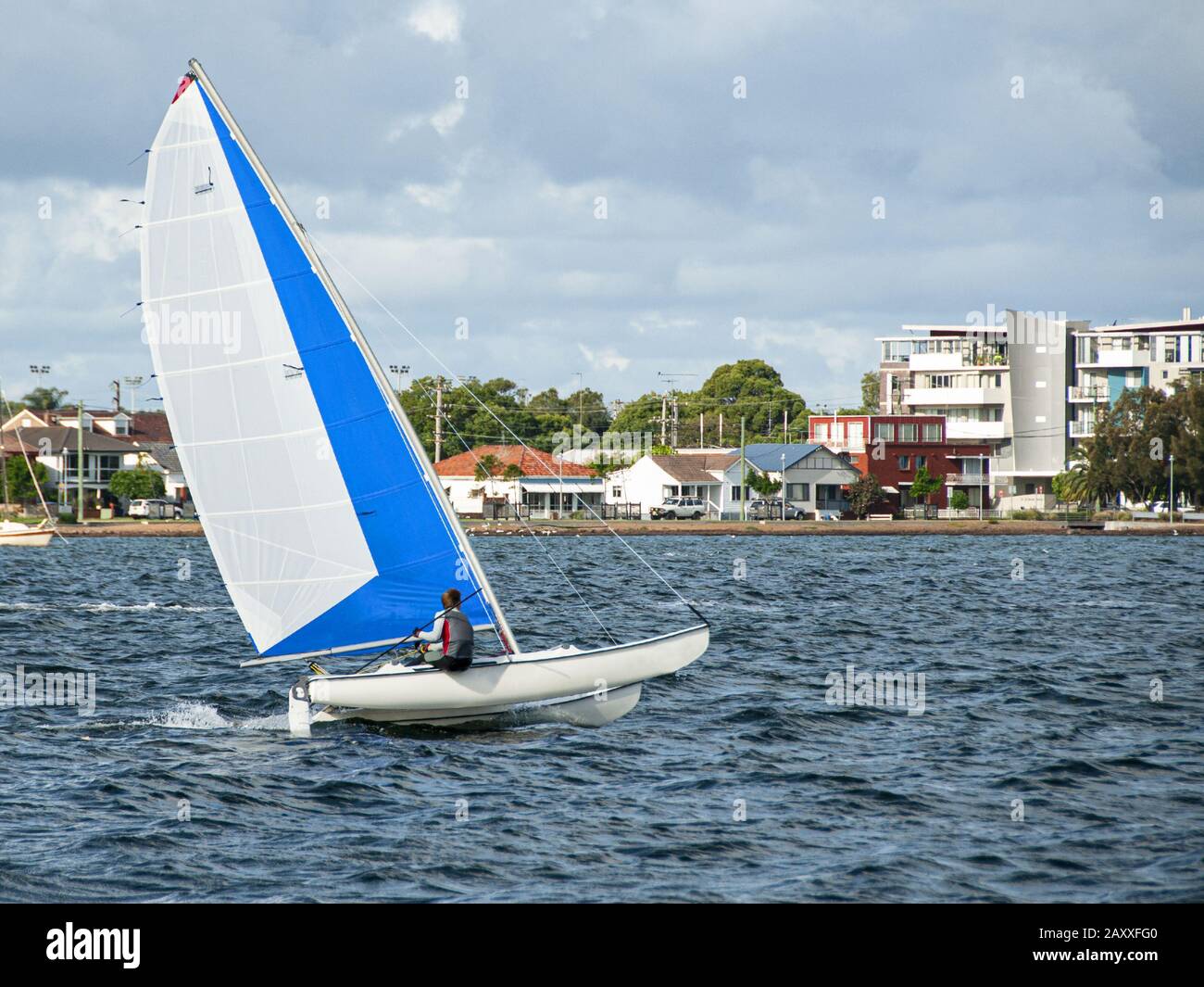 Child sailing small catamaran at speed with vivid blue and white sails