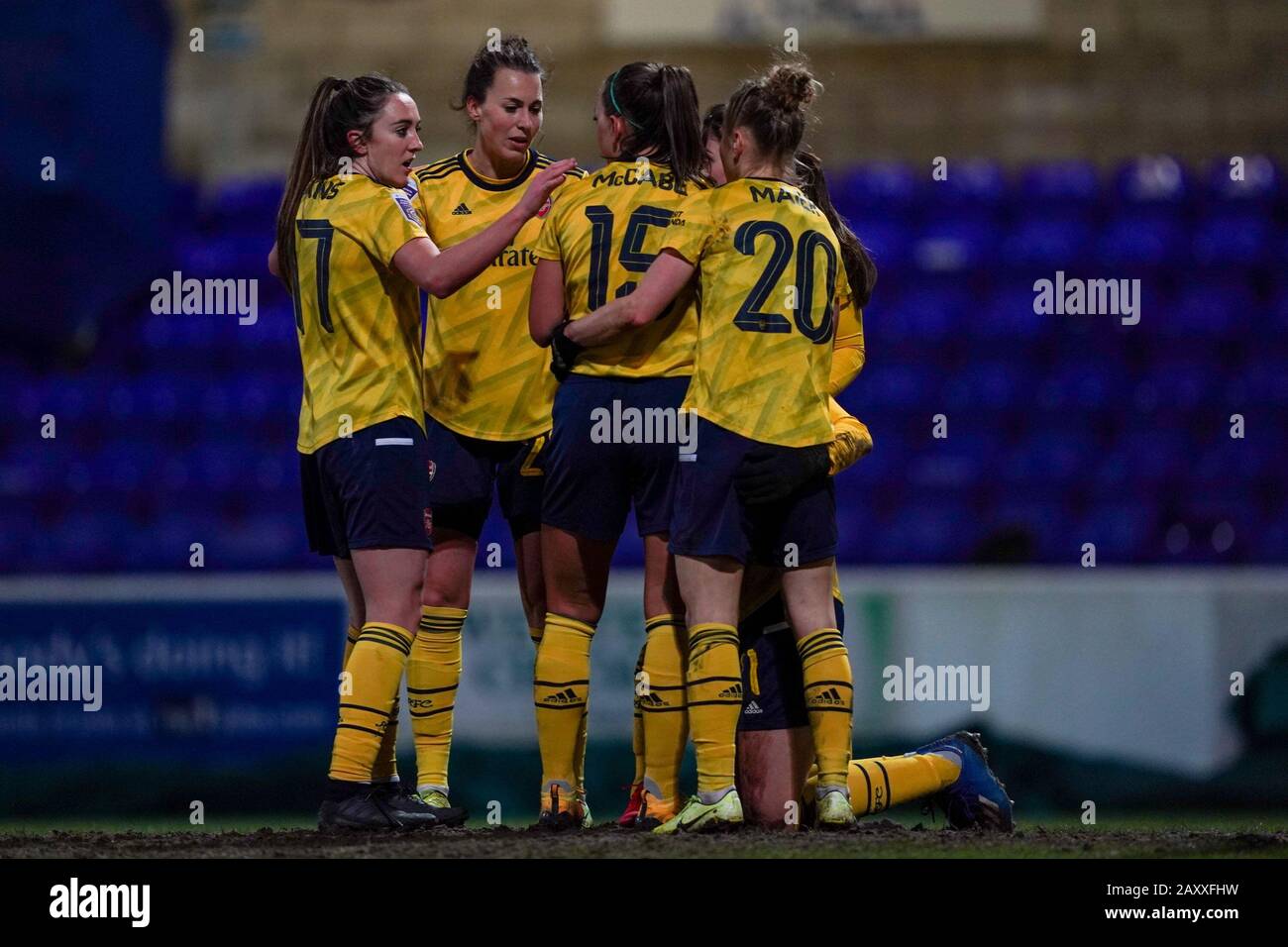 CHESTER. ENGLAND. FEB 13th: Players of Arsenal celebrate Vivianne Miedema's goal  during the Women’s Super League game between Liverpool Women and Arsenal Women at The Deva Stadium in Chester, England. (Photo by Daniela Porcelli/SPP) Stock Photo