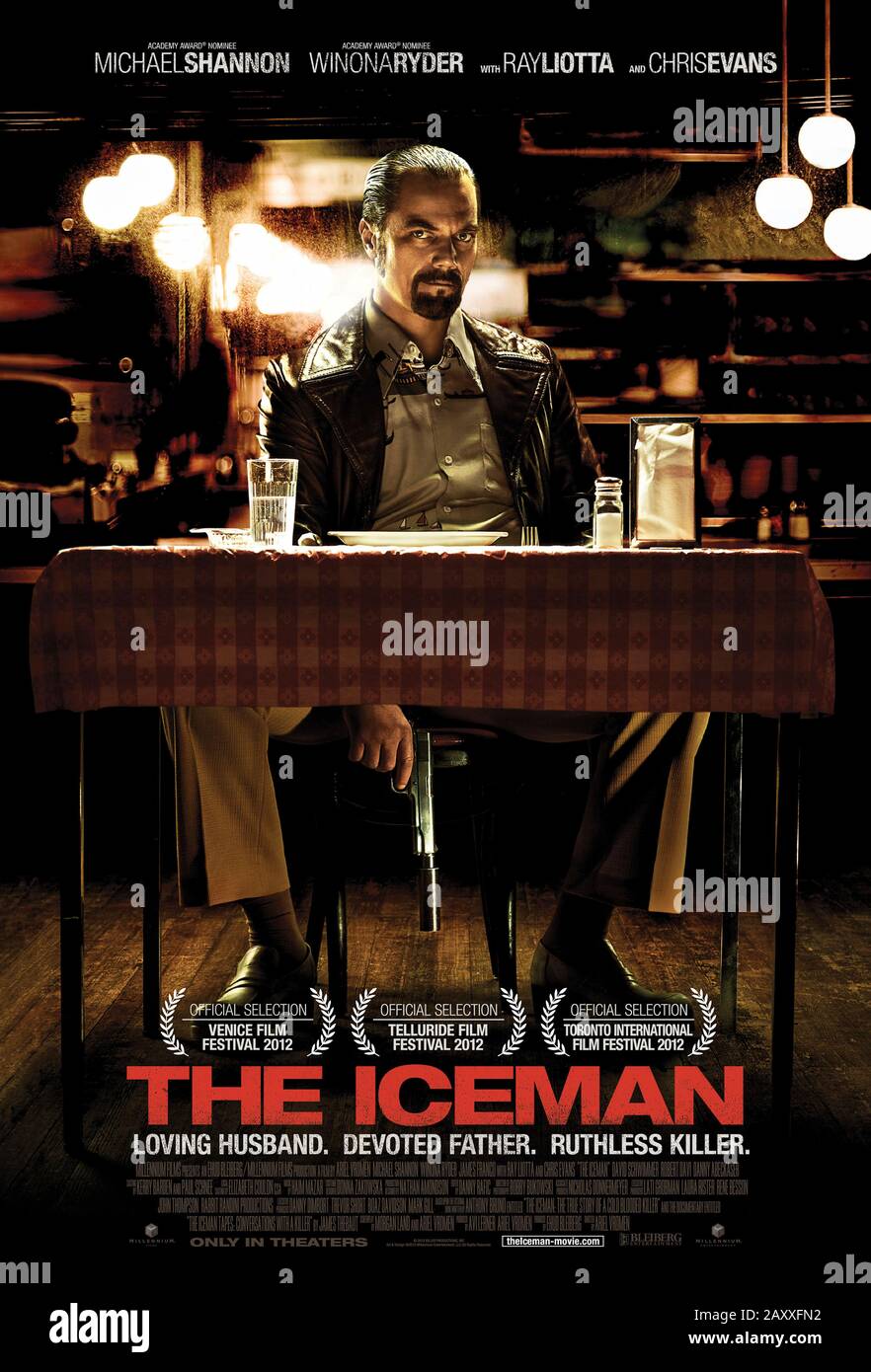 The Iceman (2012) directed by Ariel Vromen and starring  Michael Shannon, Winona Ryder, Chris Evans, James Franco and Ray Liotta. True story of notorious contract killer Richard Kuklinski who hid his profession from his family. Stock Photo