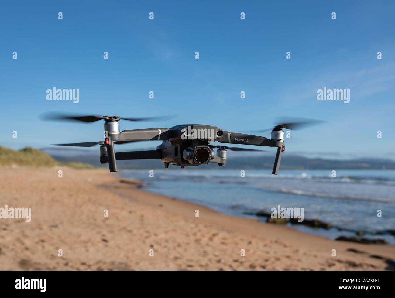 mavic pro 2 drone in flight over Embo beach Stock Photo