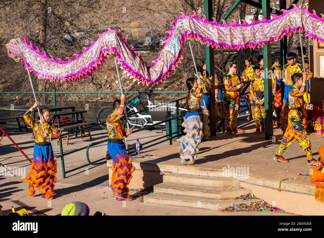 Asian New Year holiday performance in Salida; Colorado; by Colorado Asian Cultural Heritage Center of Denver; Colorado; USA Stock Photo