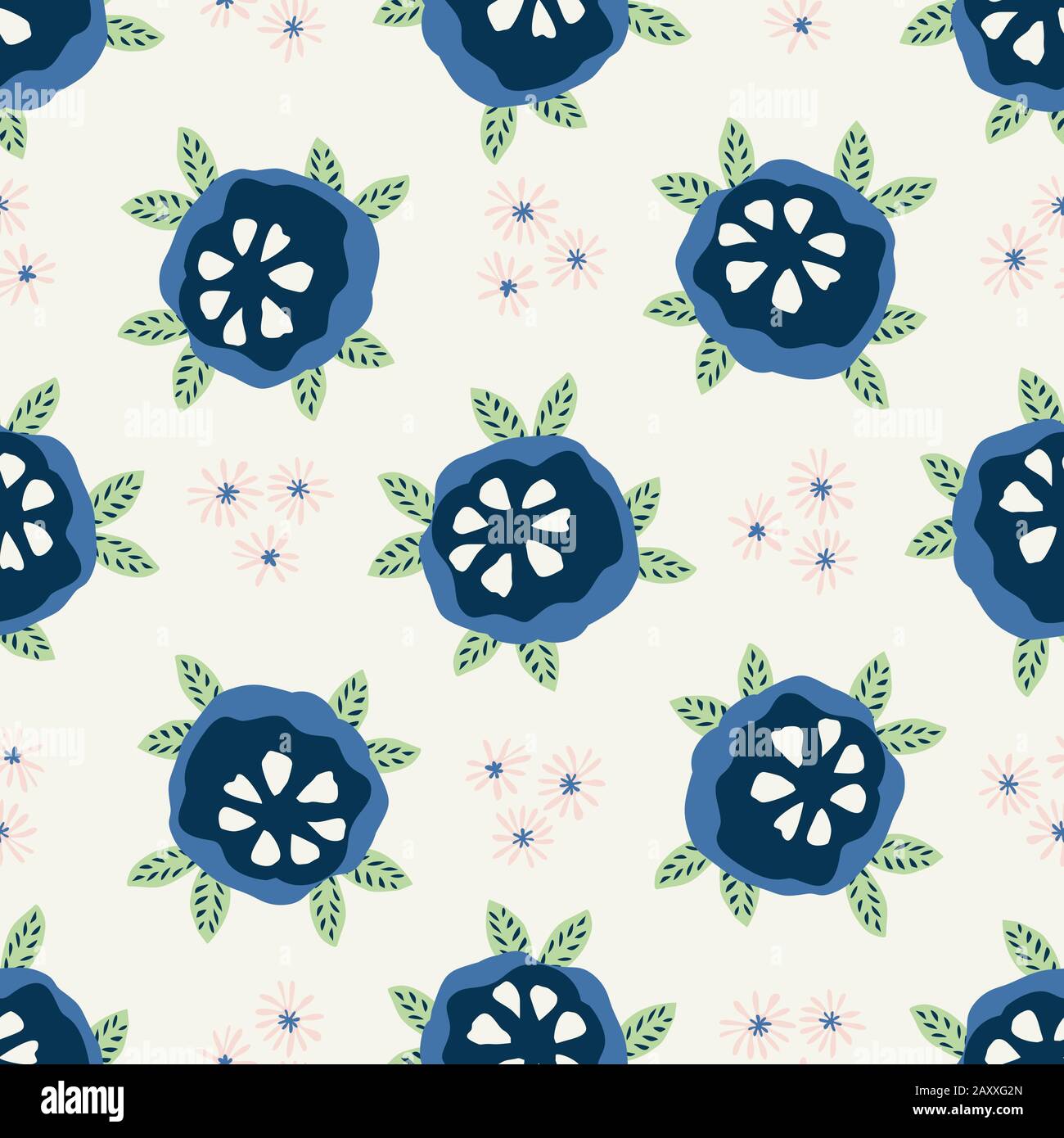 Classic Blue Daisy Floral Posy Motif Background. Naive Blossom Flower Seamless Pattern. Ditsy Elegant Navy Bloom on Cream Beige with Leaf. Hand Drawn Stock Vector