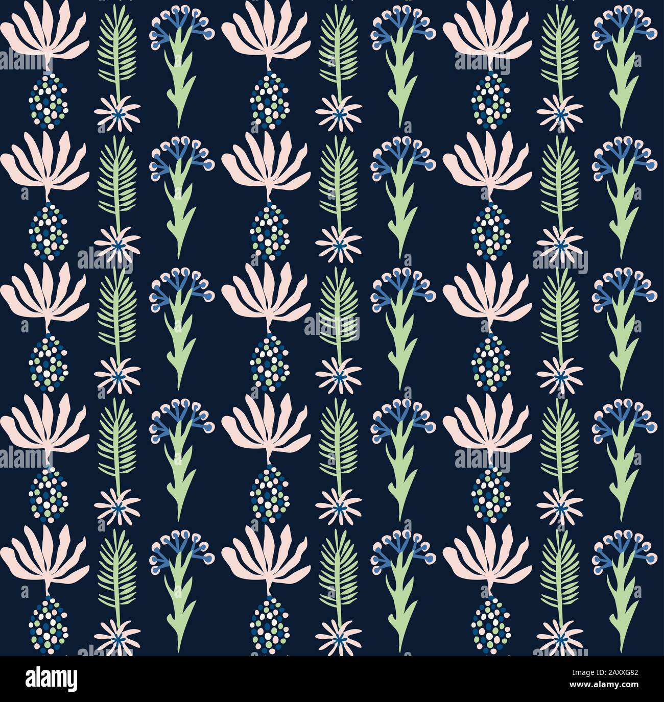 Classic Blue Daisy Floral Posy Motif Background. Naive Blossom Flower Seamless Pattern. Ditsy Elegant Navy Bloom on Cream Beige with Leaf. Hand Drawn Stock Vector