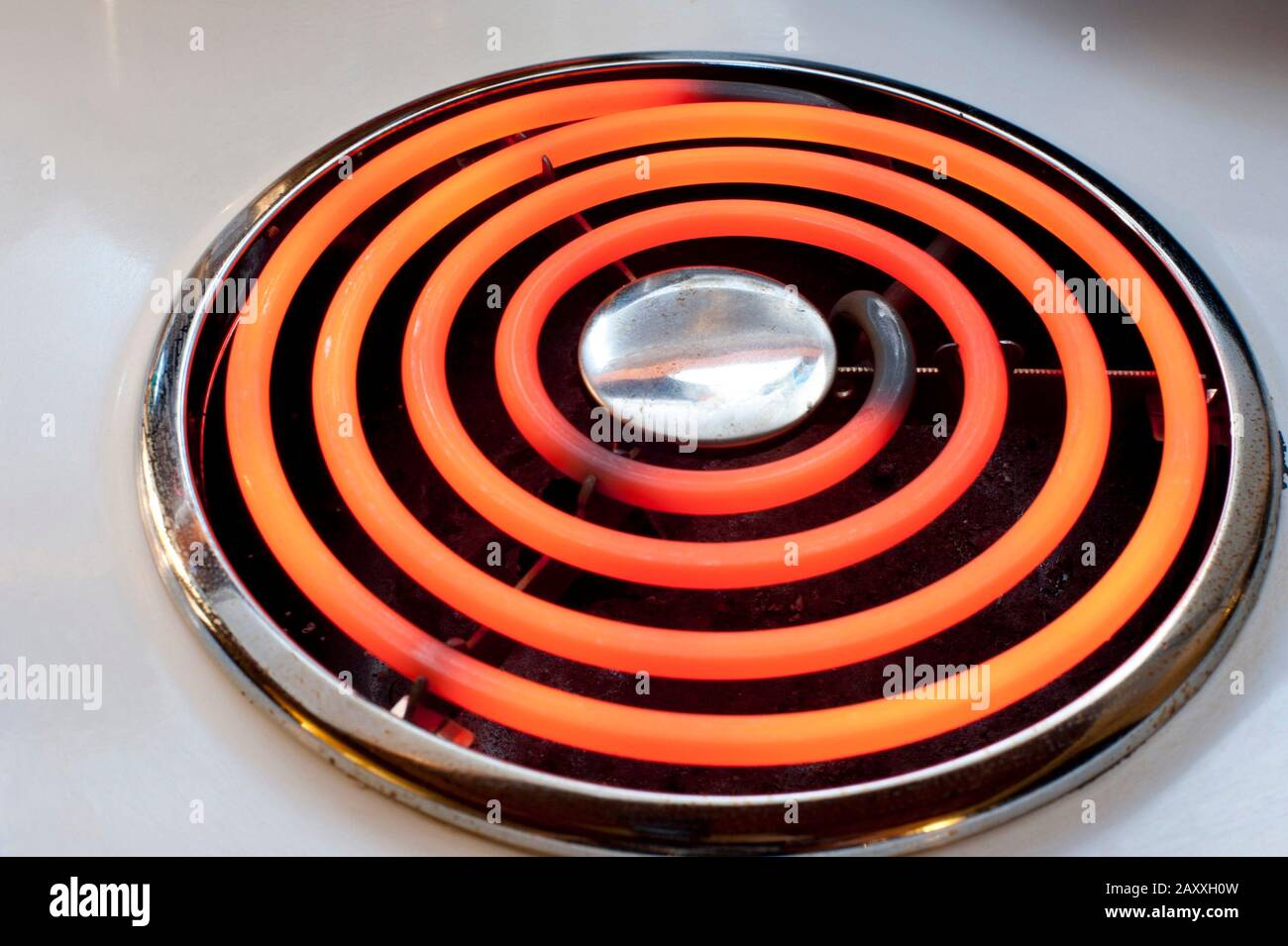 Red hot spiral electric hotplate on a stove top in a domestic kitchen for cooking food Stock