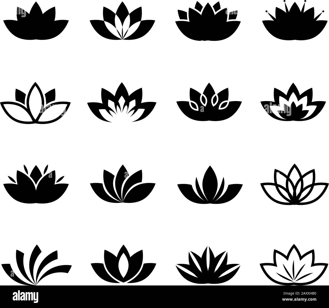 Lotus flower icons set. Vector lotus flowers signs or plant lotus blossom symbols Stock Vector
