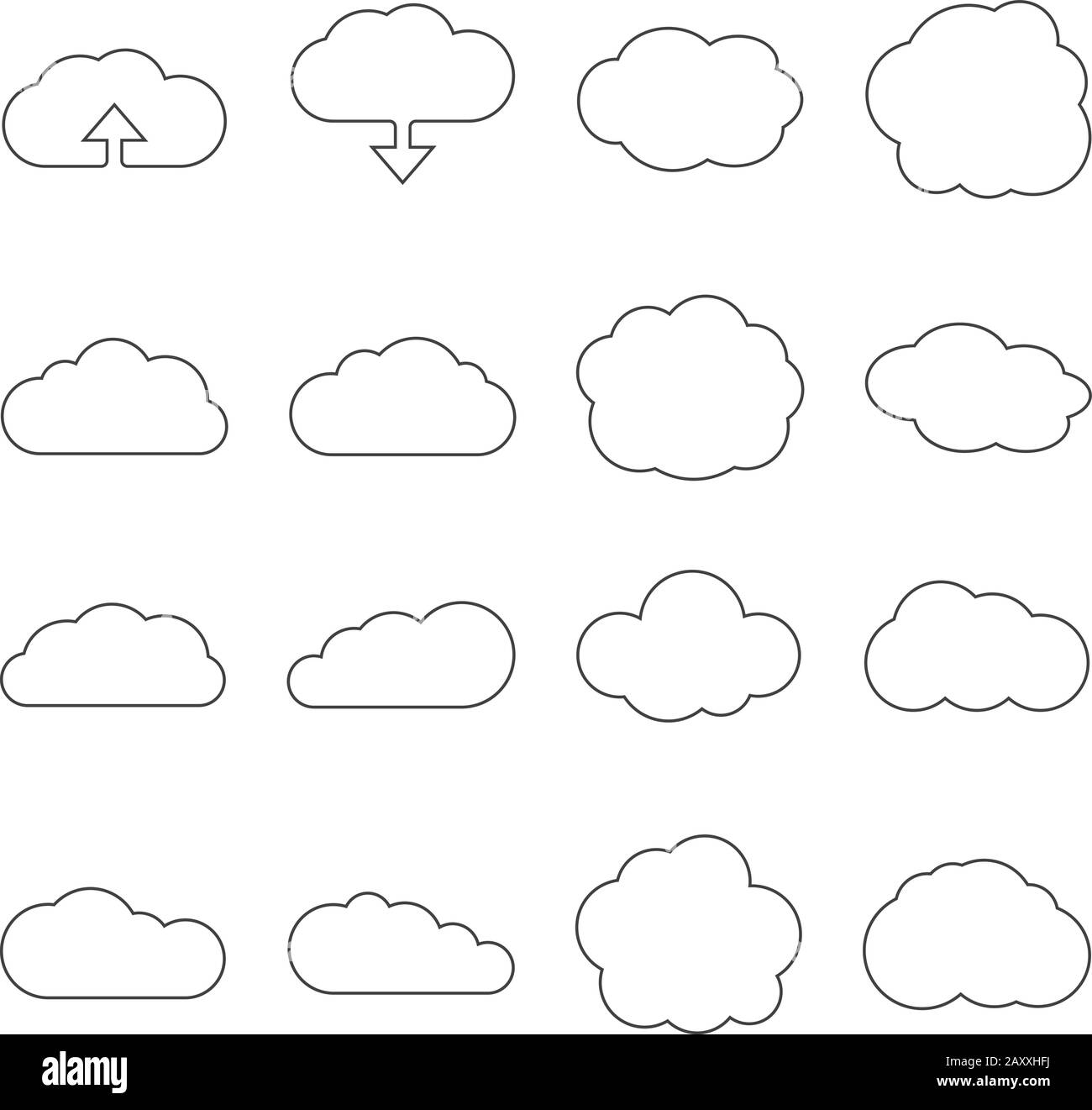 Cloud line web icons. Cloud shape linear set for download or cloud computing signs Stock Vector